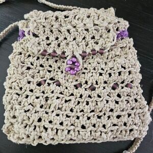 Women's Beach Boho Crochet Crossbody Handbag Macrame Purse Purple Beads